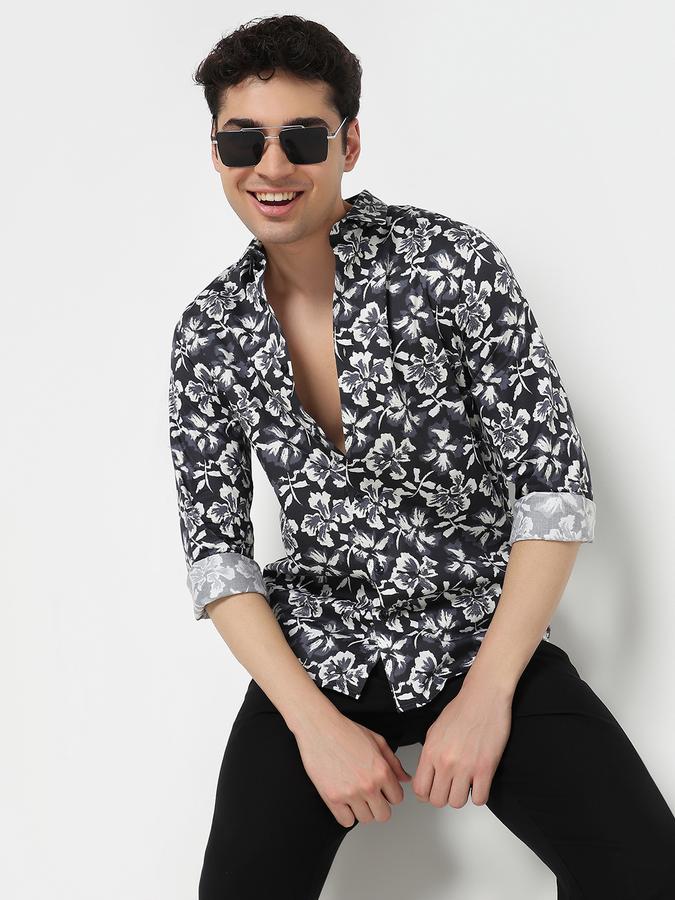Men Cotton Slim Fit Point Collar Printed Shirt