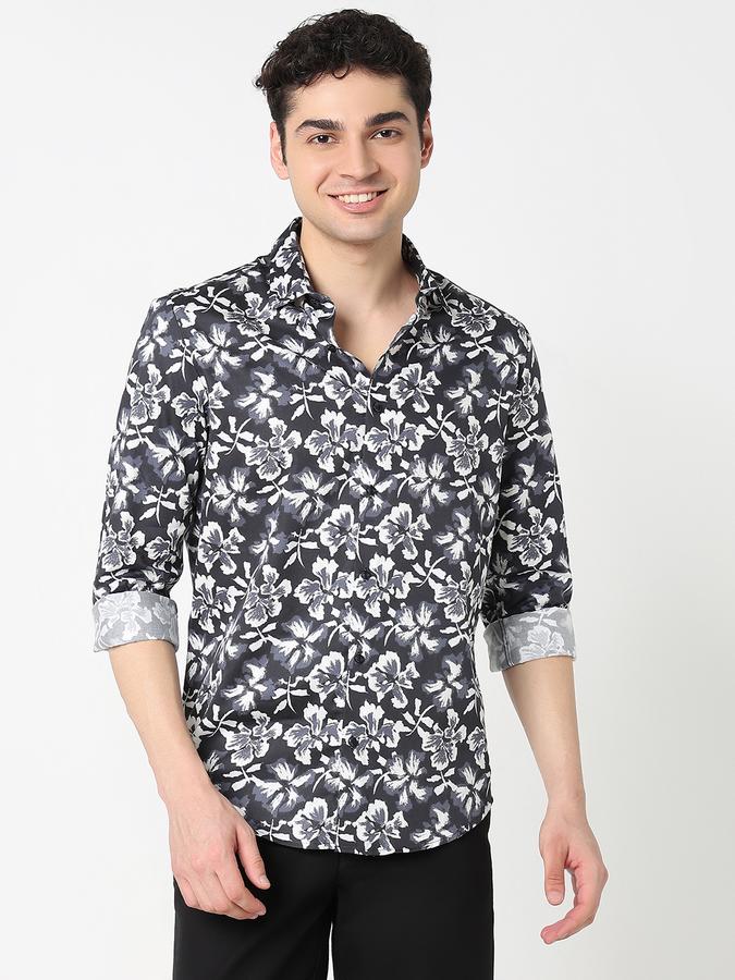 Men Cotton Slim Fit Point Collar Printed Shirt