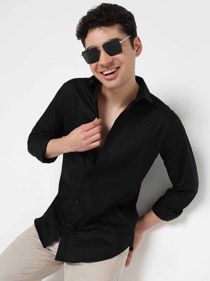 Men Cotton Regular Fit Point Collar Solid Shirt