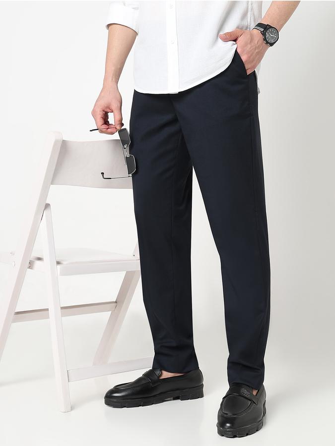 Men Poly Viscose Slim Fit Flat Front Solid Trousers